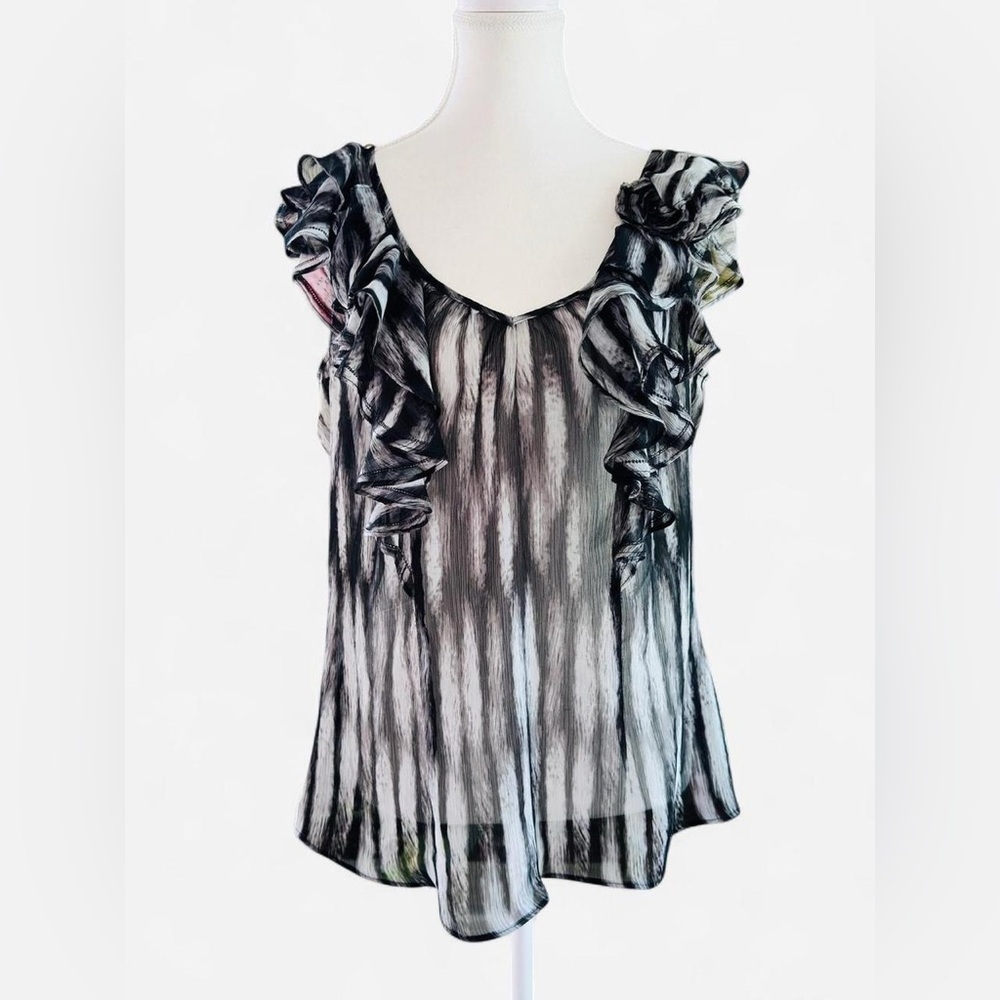 Worthington Black & White Sheer Ruffle Blouse Size Large